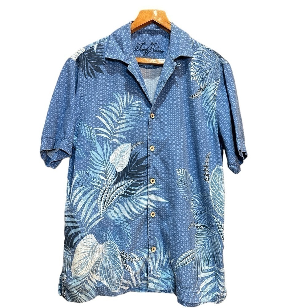 Tommy Bahama Mens Size M 100% Silk Blue Palm Hawaiian Button-down Shirt